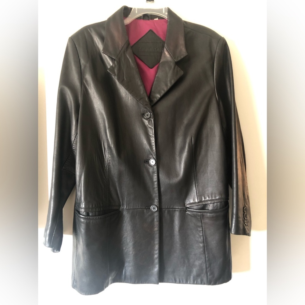 Vintage genuine leather jacket with magenta colored satin lining. XXL unisex.